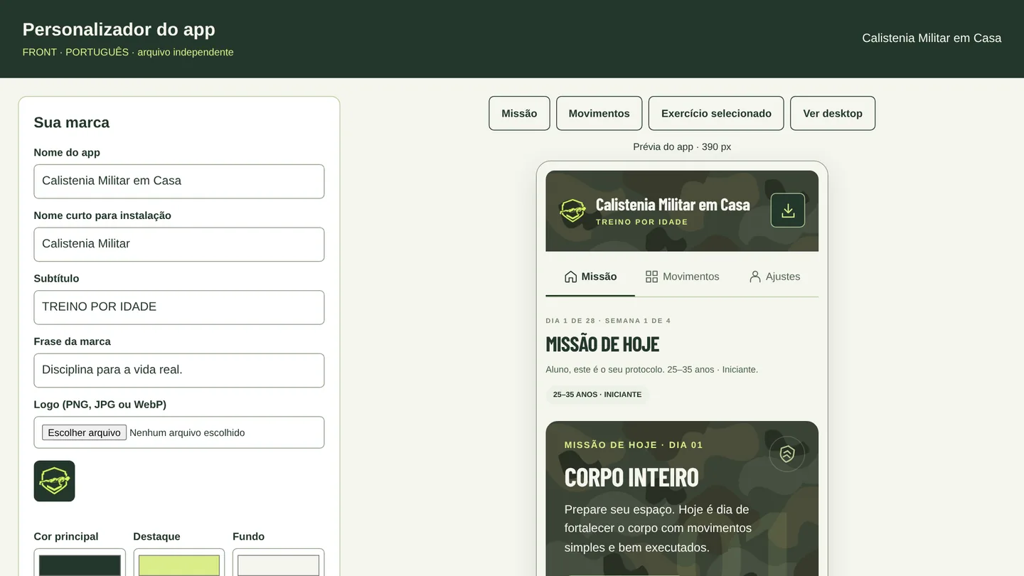 Personalizador real do Calistenia Militar em Casa