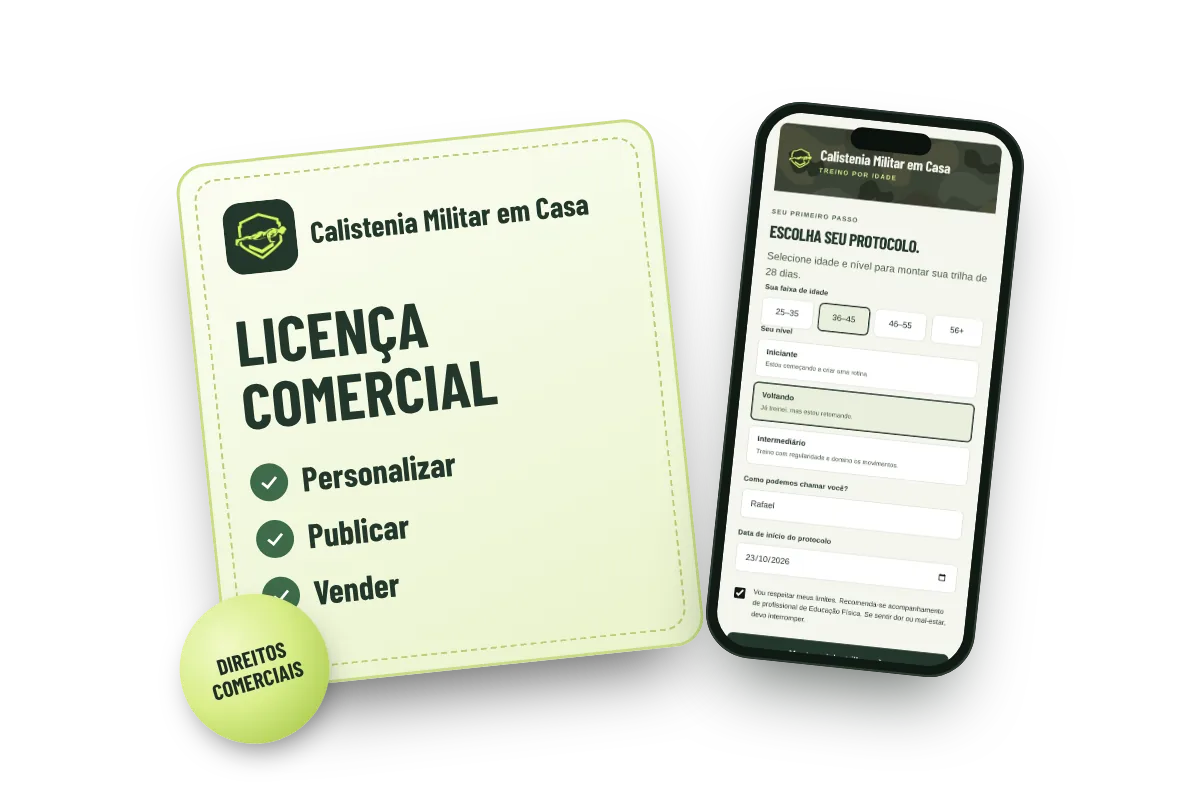 Certificado de licença comercial do Calistenia Militar em Casa ao lado do aplicativo no celular